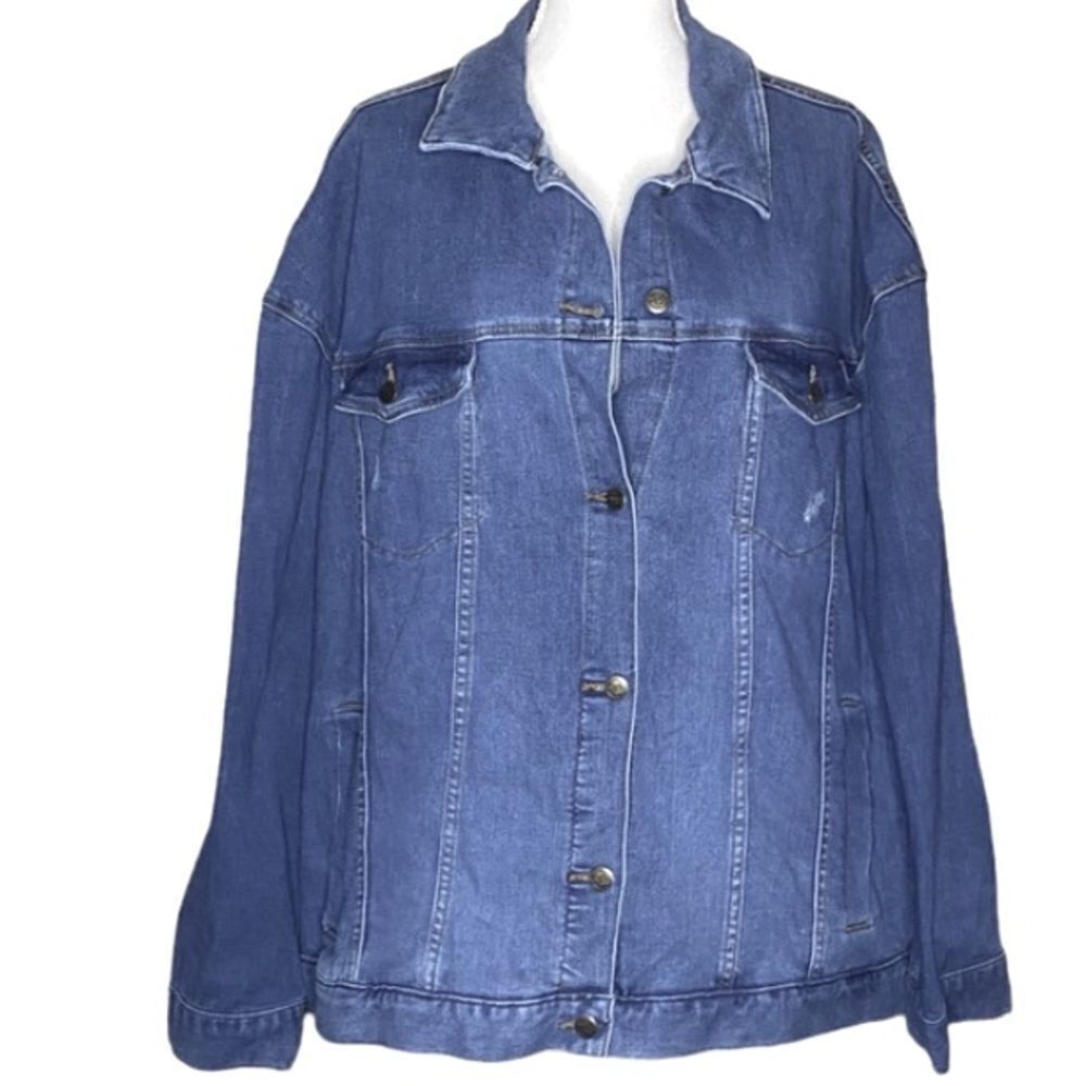 Terra & Sky Wm’s Plus Size 3XL Dark Blue Slight Distressed Denim Button Jacket